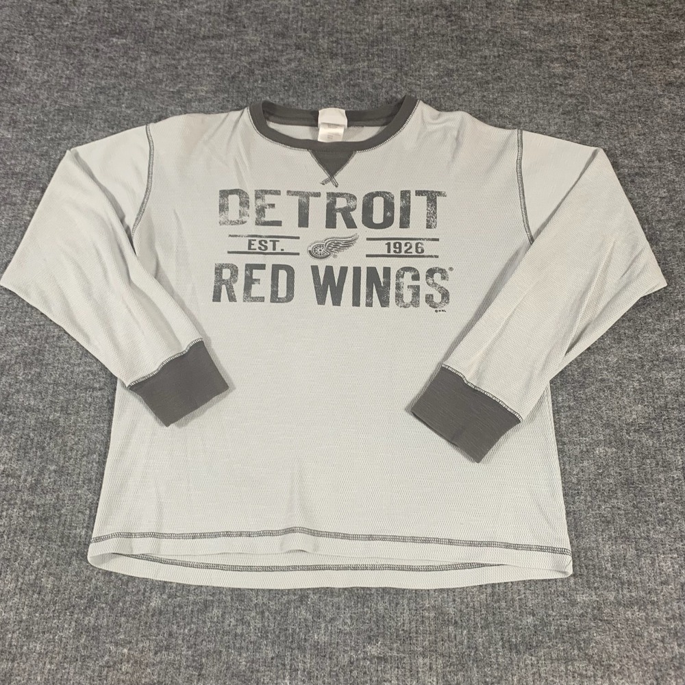 VTG Detroit Red Wings T Shirt Womens L Gray Long Sleeve Thermal Waffle Knit NHL